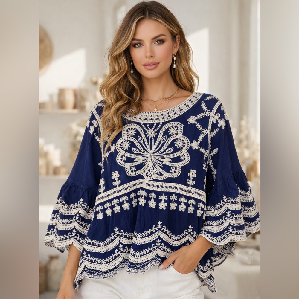 Embroidered Boho Blouse - Navy with Cream Trim